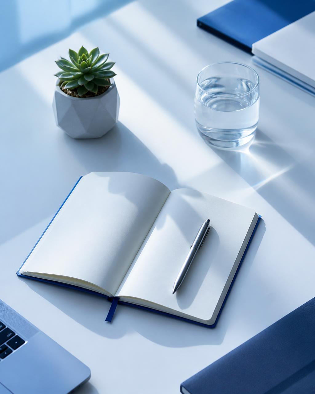 A calm desk bathed in cool blue morning light with a journal and a glass of water